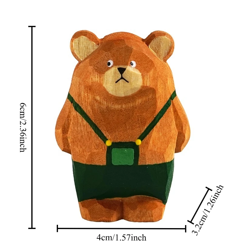 Adorable Bear Cub Hand Carved Wood Sculpture Office Desk Wooden Doll Ornament Decor Cartoon Style Gift Patio Bonsai Decoration