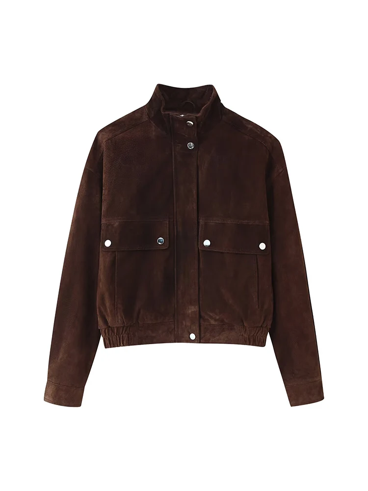 

European and American style 2025 autumn new women's fashion trend pocket decoration suede leather bomber jacket