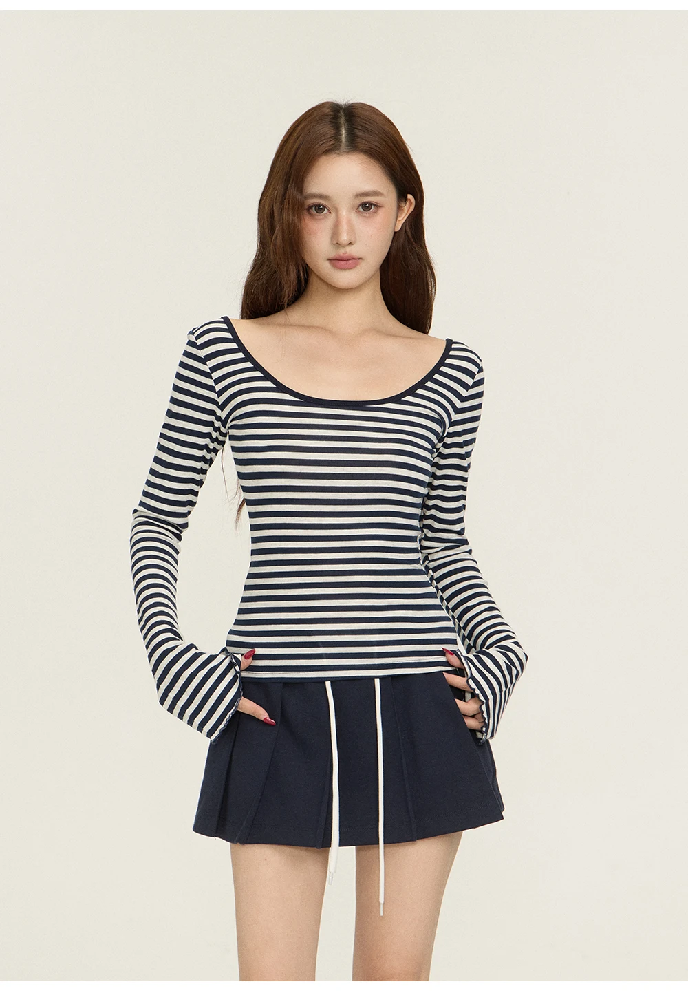 

Women Long Sleeve Striped Backless Top Tee Tshirt