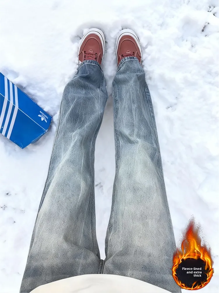 

Мужские джинсы Thiened Fce Snowy с высокой талией, прямые, расклешенные, в американском уличном стиле, зимние, из денима