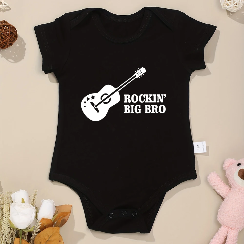 Rockin Big Bro Guitar Graphic Baby Boy Clothing Summer Casual Fashion Short Sleeved Bodysuit High-quality Printed Newborn Romper