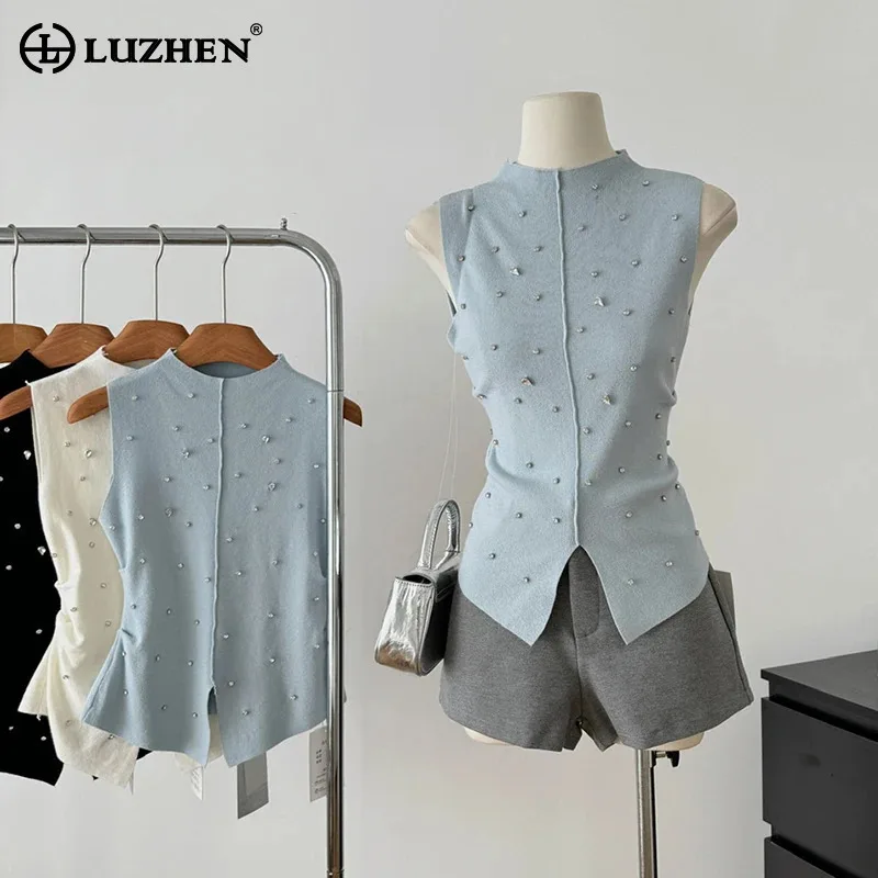 LUZHEN Original Diamond Sequin Patchwork Design Solid Color Sleeveless Vest Women's 2024 New Round Neck Street Waistcoat AA2651