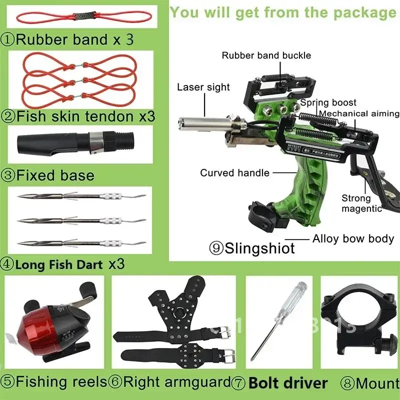 4-Color Fish Shooting Laser Fishing Metal Slingshot Outdoor Hunting Dart Shooting Slingshot Rubber Band Reel Gloves Package