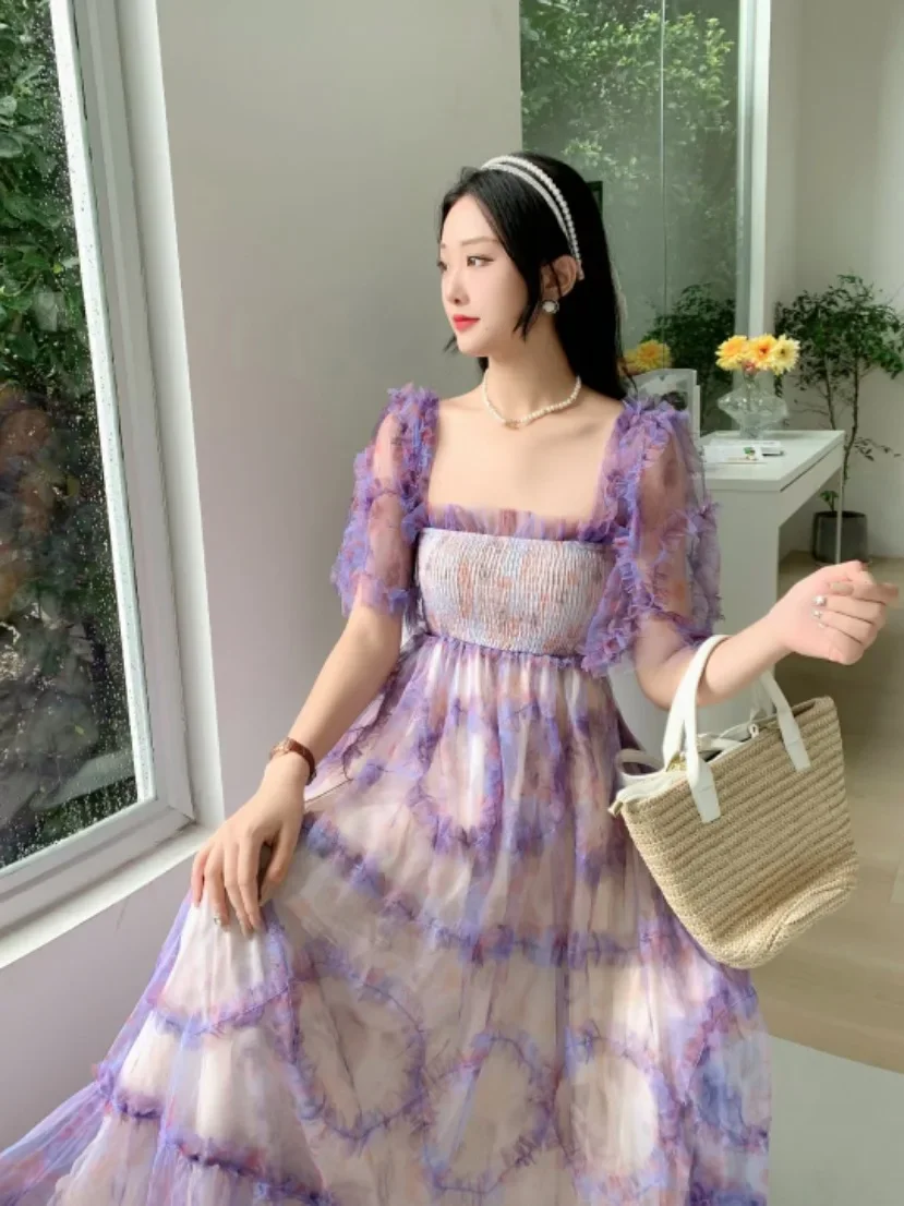 

2024 Retro Romantic Style Dress for Women Summer Mesh Wood Ear Design Temperament and Niche Princess Long Skirt Summer Dress