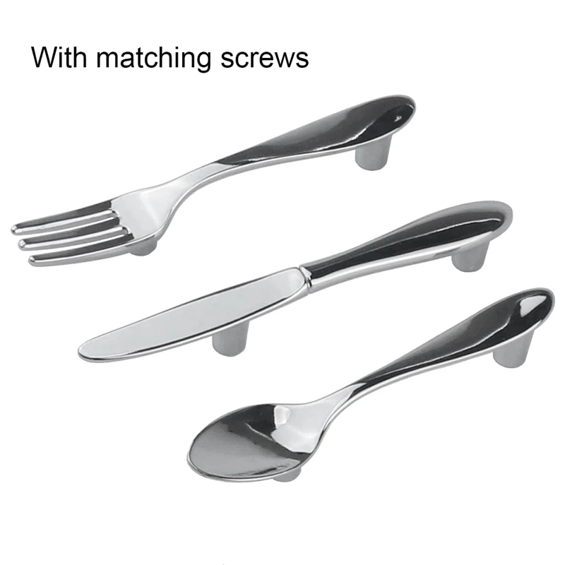 6 PCS Knife Spoon Fork Kitchen Cabinet Closet Drawer Pull Handles Knobs 3-Inch Center To Center (Silver)