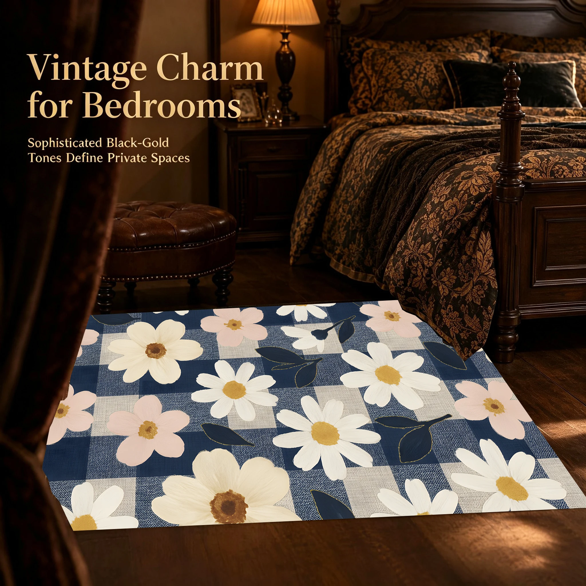 Velvet Rug Blue White Plaid Daisy Cluster Fresh Pastoral Style for Bedroom Living Room Home Decor