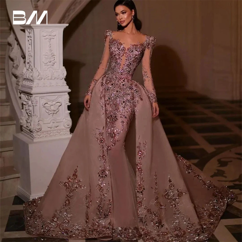 Elegant Women Evening Dress With Detachable Train Full Sleeves Prom Dresses With Luxury Lace Appliques Custom Made Party Gown