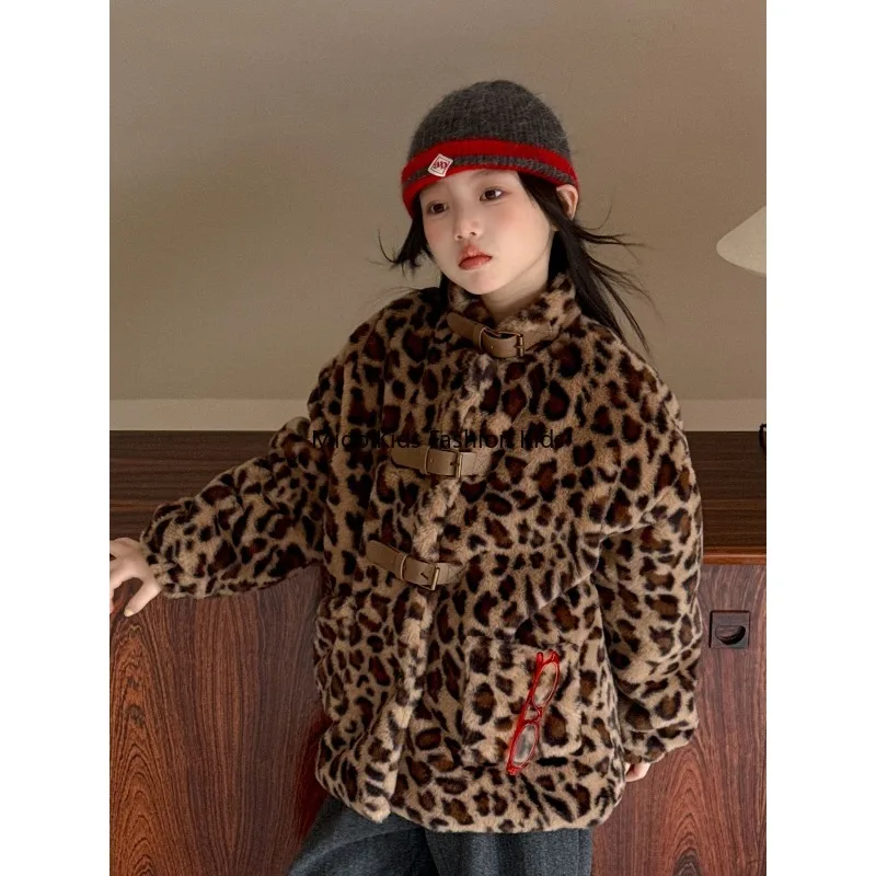

Детская одежда, зимнее детское пальто, детское пальто среднего размера для мальчиков и девочек с леопардовым принтом, теплое женское пальто из искусственного меха