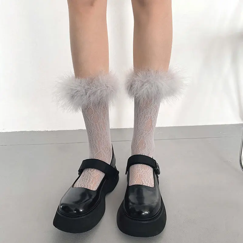 

New Japanese Feather Calf Socks Female Lace Socks Lolita Cute Hairy Knee Socks Pile Socks Women Fish Net Stockings