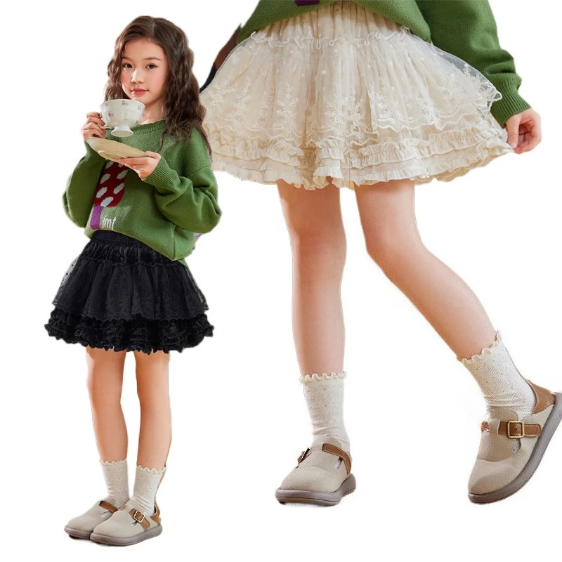Girl Lace Ruffle Skirt Elastic Waisted A-Line Tiered Swing Mini Skirt Casual School Cake Skirts for Kids Teen Girls French Style