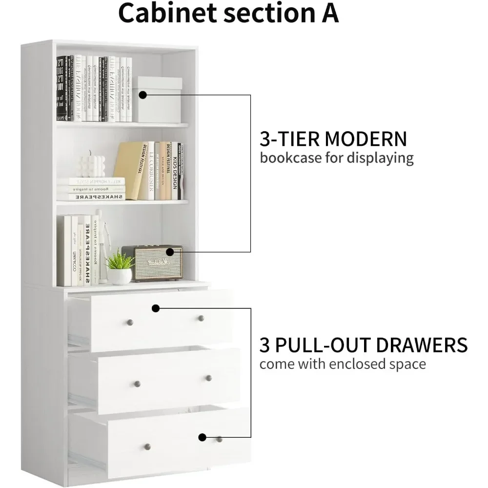 Estante de 71", estantes modernas de 3 camadas, 3 gavetas grandes, armário de arquivo de madeira com prateleira de armazenamento aberta