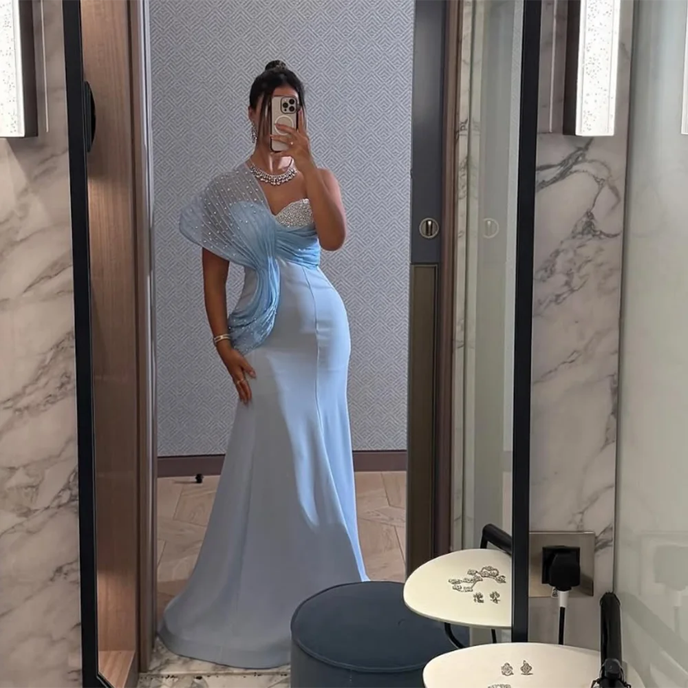 

Customized One-Shoulder Formal Evening Dresses Pleat Beading Sleeveless mermaid Prom Gown Modern Long Sweep Train Party Dress