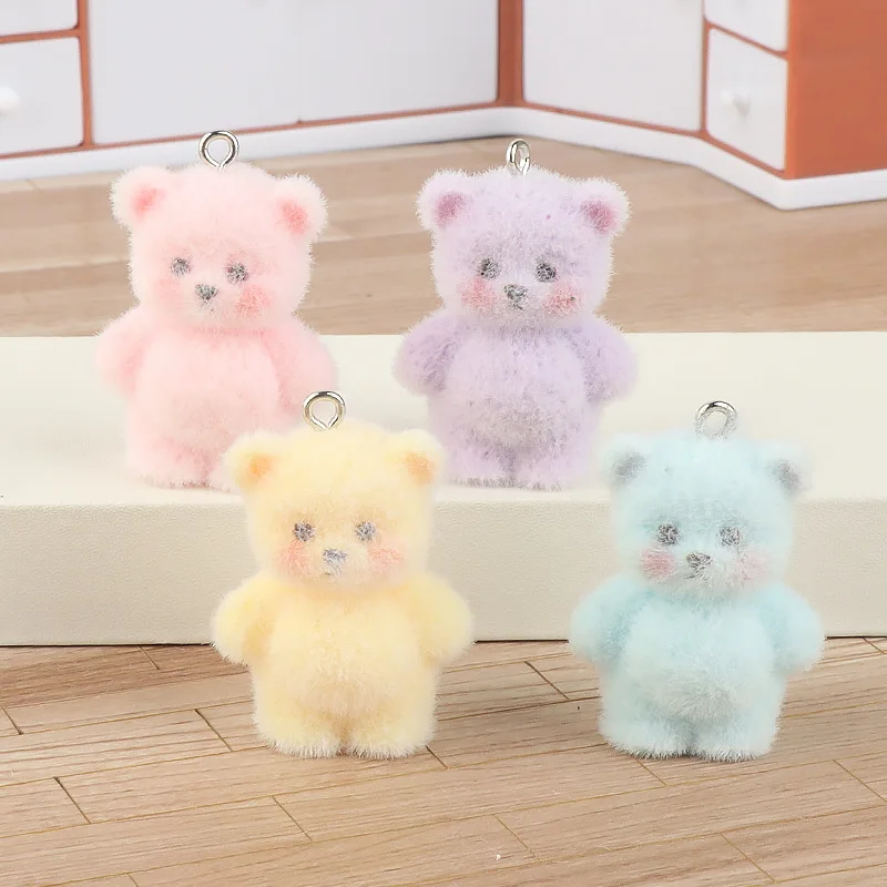 20pcs Cute 3D Flocking little bear Charms Cartoon resin animal pendant For Bag keychain DIY crafts jewelry make Accessories