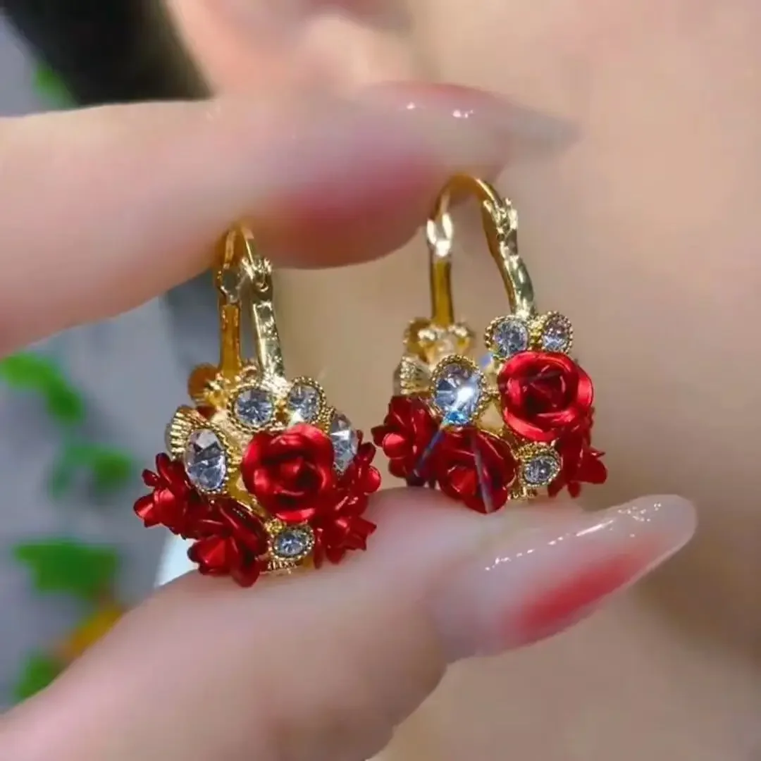 

1 Pair of Red Rose Earrings for Ladies with Colorful Flower Baskets
