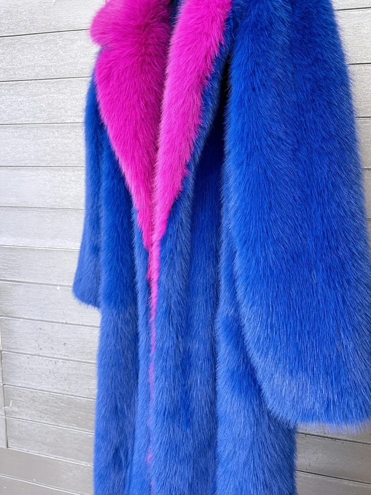 Super Long Fluffy Faux Fox Fur Trench Coat Women Lapel Contrast Color Furry Jacket Winter Clothes Women 2024 Fur Coats