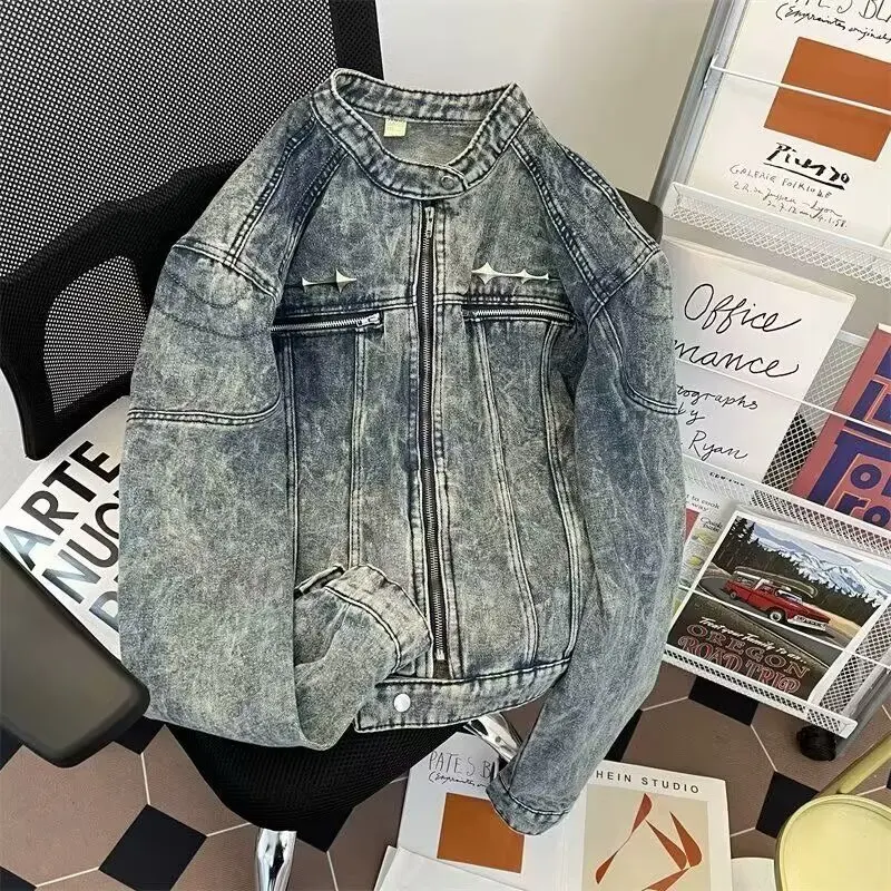 

Мужская и женская байкерская куртка в стиле ретро в американском стиле, лоскутная джинсовая куртка с металлической молнией, модный бренд