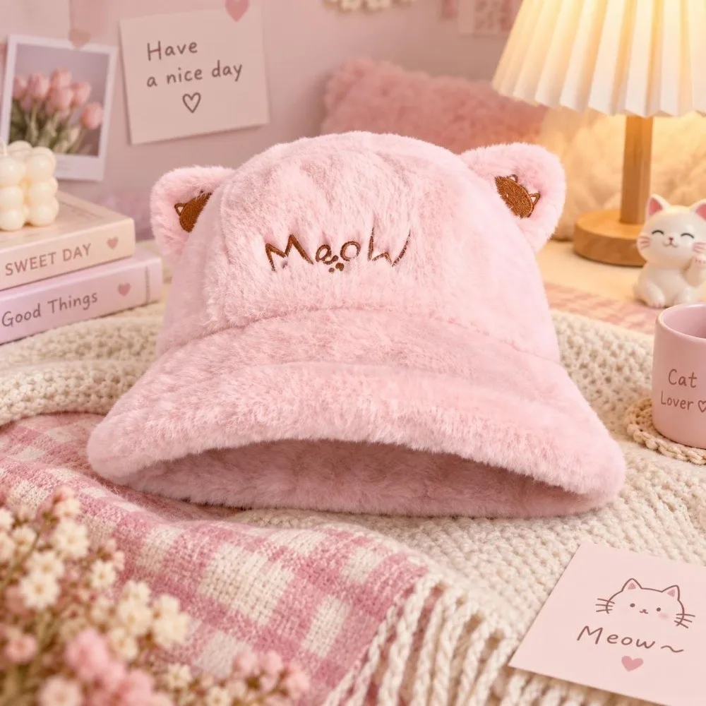 Face Slimming Cat Ear Bucket Hat Earflap Warm Lining Fuzzy Hat Unisex 56-58cm Head Circumference Winter Warm Hat