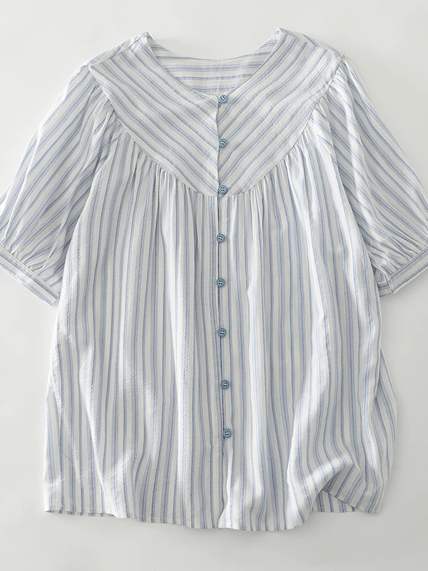 

Summer 2025 Slimming V-Ne Top Women Fre Blue White Stripes Loose Commute Personali ort Sve irt Korean Sle