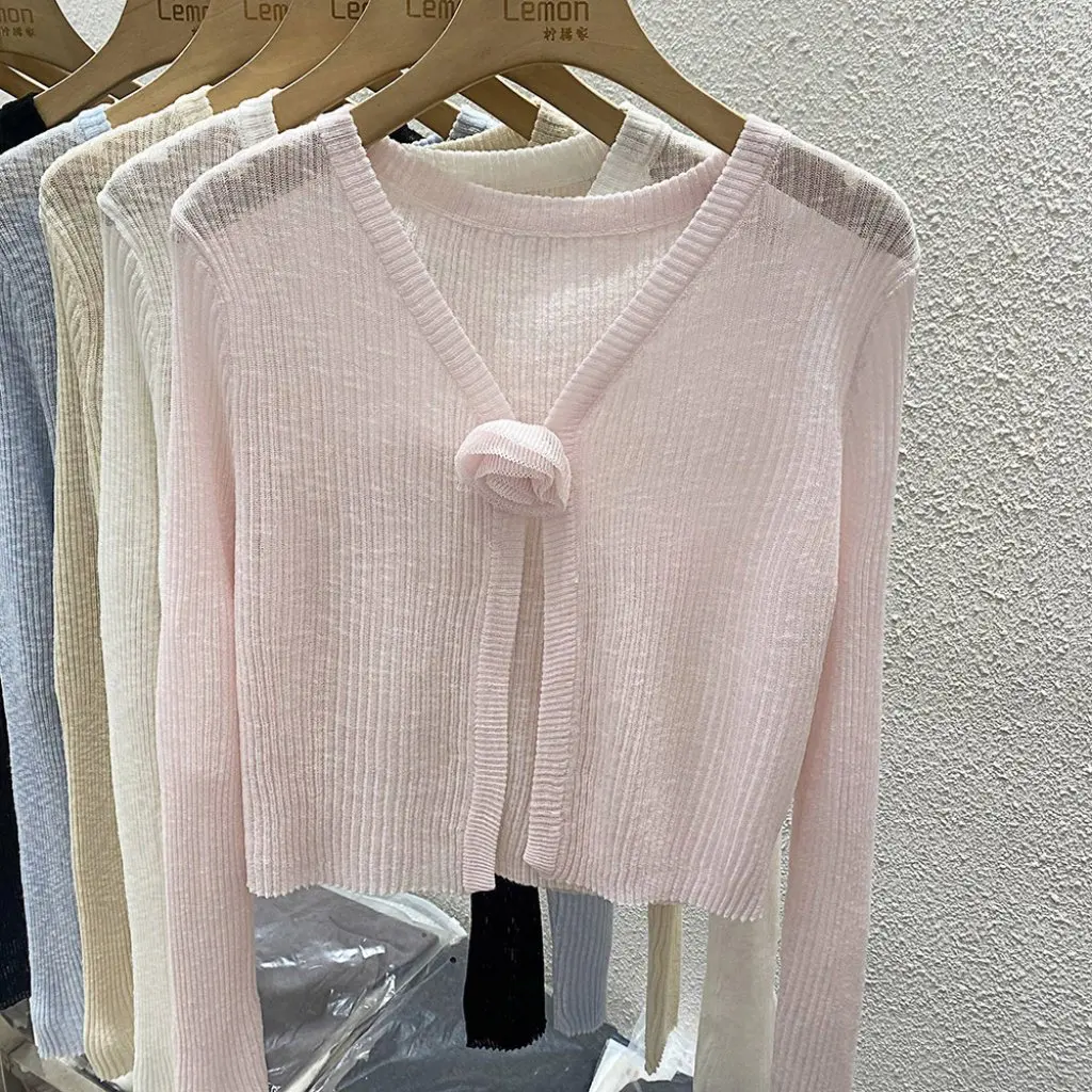 

Da Lang женский вязаный свитер, летний тонкий внешний кардиган с длинным рукавом и цветочным узором, серая блузка с шалью и воротником, короткий топ