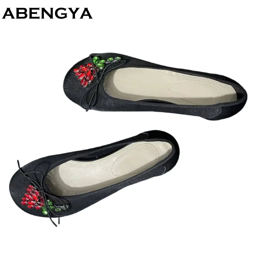 

ABENGYA, осенние лоферы без шнуровки, женские модельные туфли с кристаллами и цветочным декором, весенняя повседневная женская обувь на плоской подошве