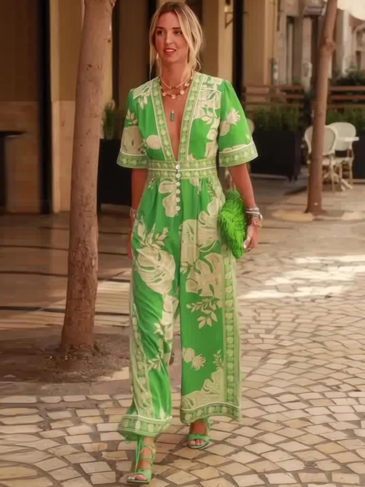 بدلة قفز صيفية واسعة الساق للنساء Svel V-Ne مطبوعة فضفاضة تناسب الشارع Sle سراويل طويلة نسيج البوليستر #4