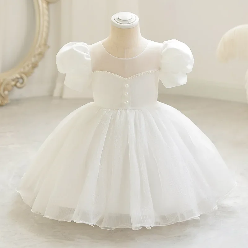 137  Summer Baby Girl Dress Lace Mesh Short Sleeve Party Dresses for Girls Fashion Solid Color Children Girl Princess Dress 1-7Y