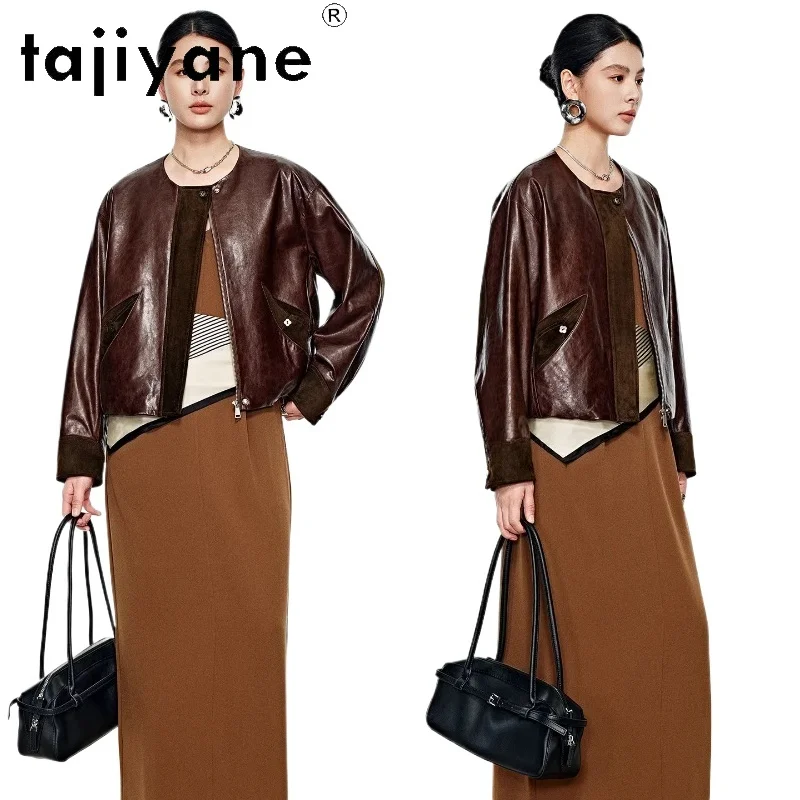 

Куртка женская TAJIYANE из 100% натуральной овечьей кожи с восковым покрытием, ретро, коричневая, короткая, с круглым вырезом, 2026, женская одежда, дубленка