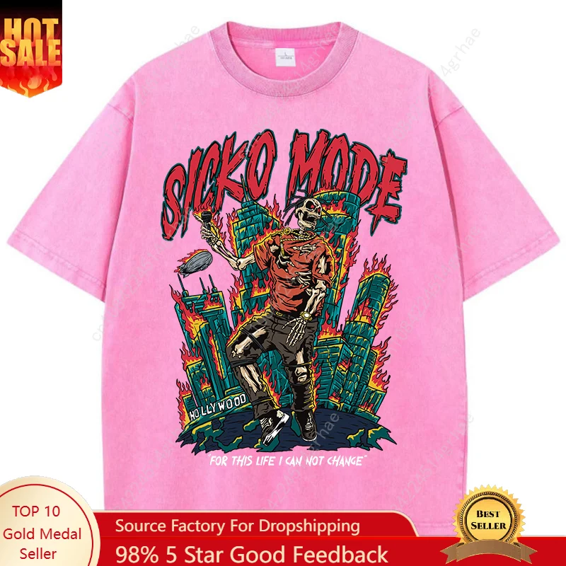 

Skull fashion street printed shirt cotton retro washed short-sleeve crew neck T-shirt for men