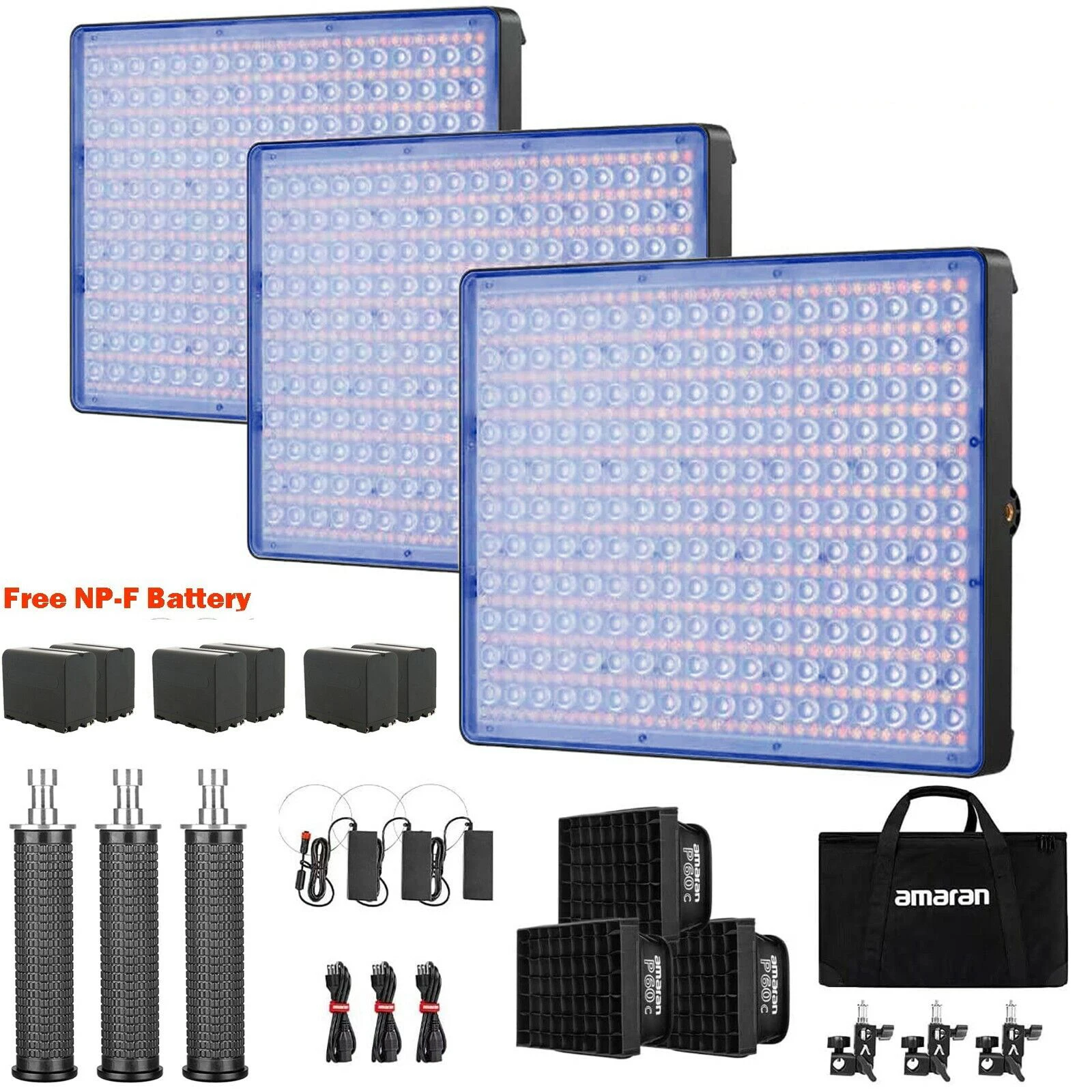 Aputure Amaran P60C 3-Light w 6 N970 batteries Kit 60W 2500K-7500K RGBWW Video Panel Photography  Outside Light with Softbox