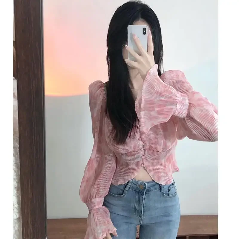 Printed Kawaii Cute Chiffon Pink Tops for Women Crop Womens Shirt & Blouse Clothes Spring S Cool Aesthetic Vintage Pretty Y2k M