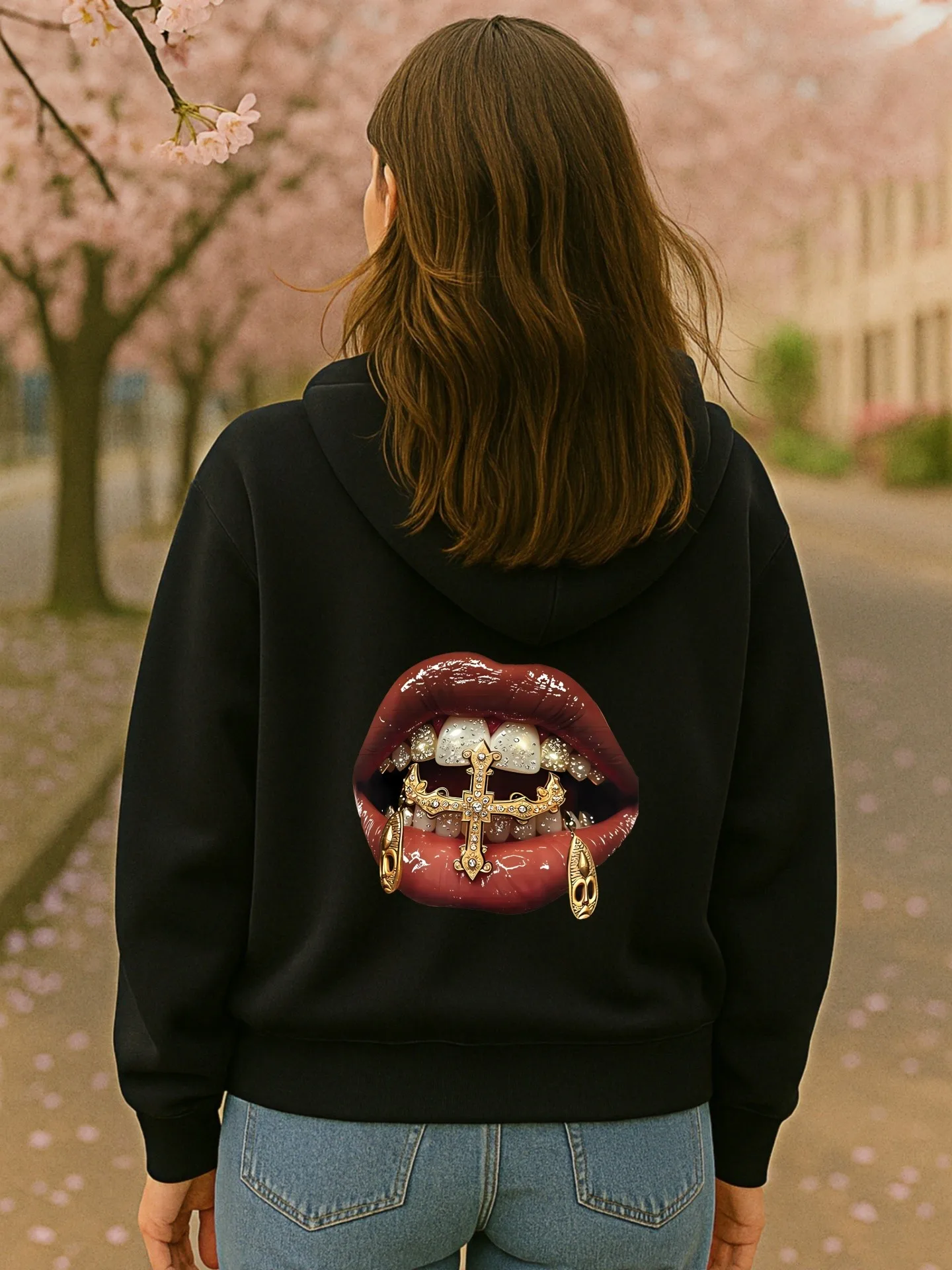Damska bluza z kapturem z grafiką, nadruk ust, estetyka streetwear, miękki materiał, na co dzień, dla młodych mężczyzn