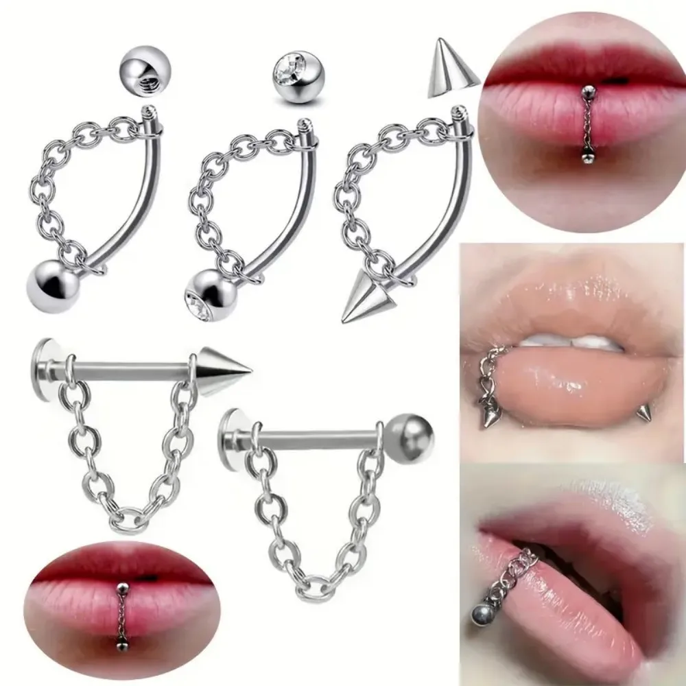 Y2K 1 Uds. Anillos de labio de acero inoxidable Punk estilo remache tachuelas de labio de circonia sintética con cadenas extraíbles joyería para Piercing Facial