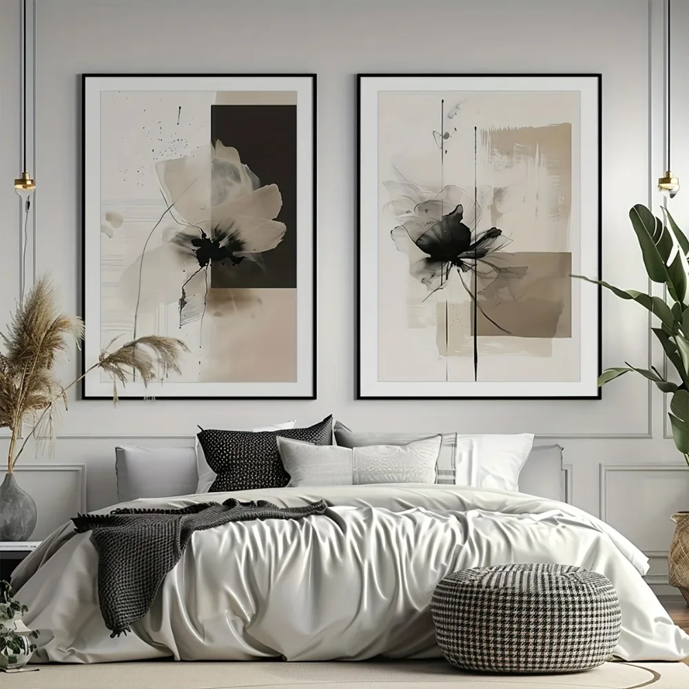 2 Stück große, rahmenlose Leinwandbilder, 2 Stück rahmenlose, moderne, minimalistische, nordische, abstrakte Poster mit Blumenmotiven und Pflanzen, neutrale Farben.