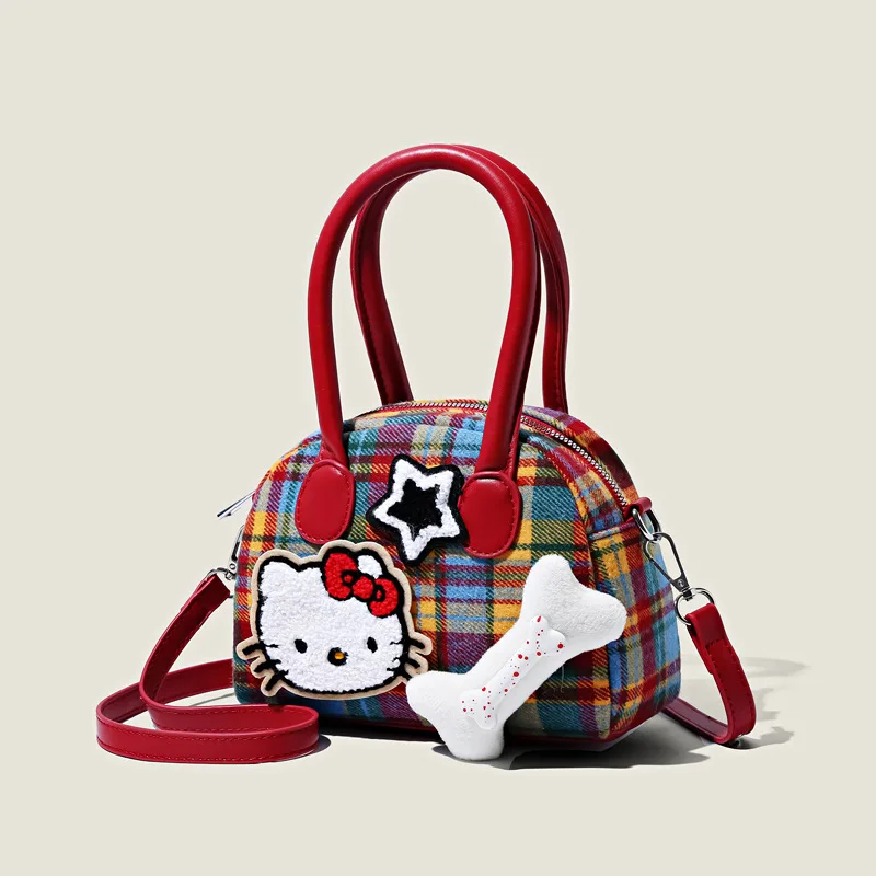

Hello Kitty Storage Bag Versatile Exquisite Checkered Women Decoration Fashion Handheld Desktop Ornament Girl Gift Wholesale