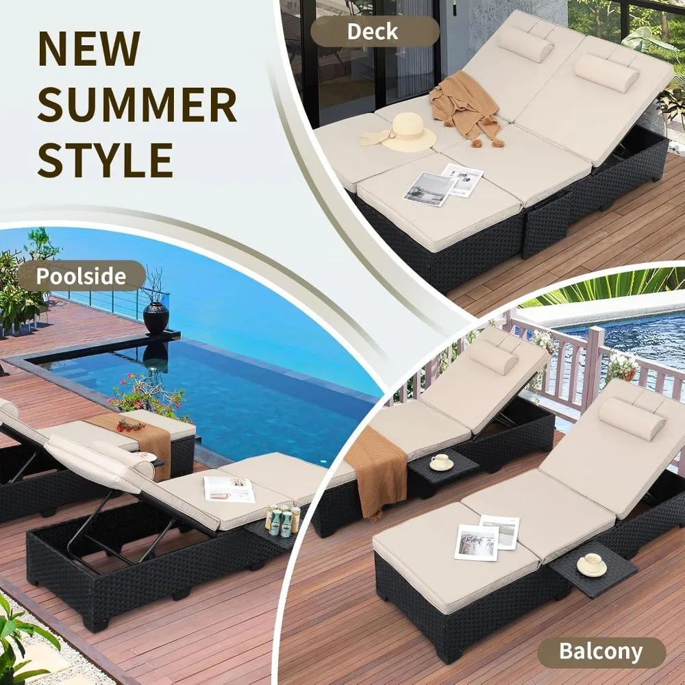 กลางแจ้ง PE หวาย Chaise Lounge เก้าอี้ชุด 2 Patio สีดําหวายเก้าอี้นอนปรับพนักพิงสระว่ายน้ําอาบแดด Re