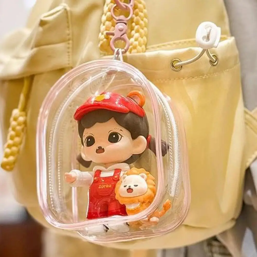 

12cm PVC Transparent Storage Bag with Keychain Multicolor Cartoon Doll Display Box Dustproof Case Earphones Gift Organizer Bags