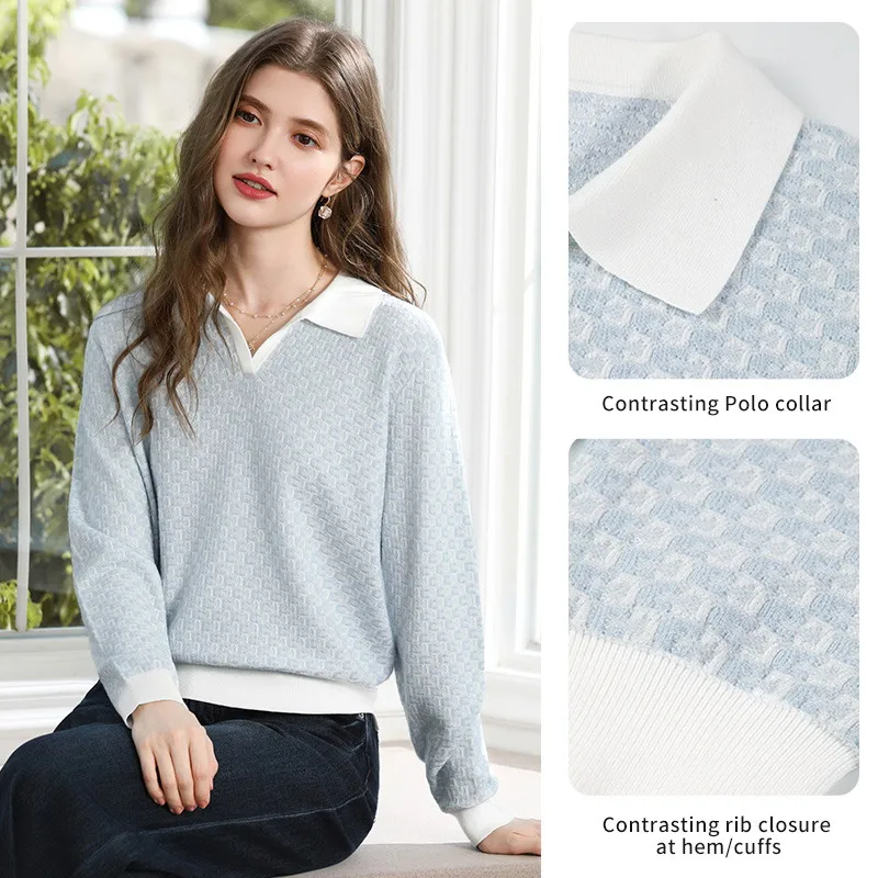 I BELIEVE YOU Women's Blue Jacquard Knit Sweater 2026 Autumn Lapel Elegant Check Texture Long Sleeve Pullover Top 2263146571
