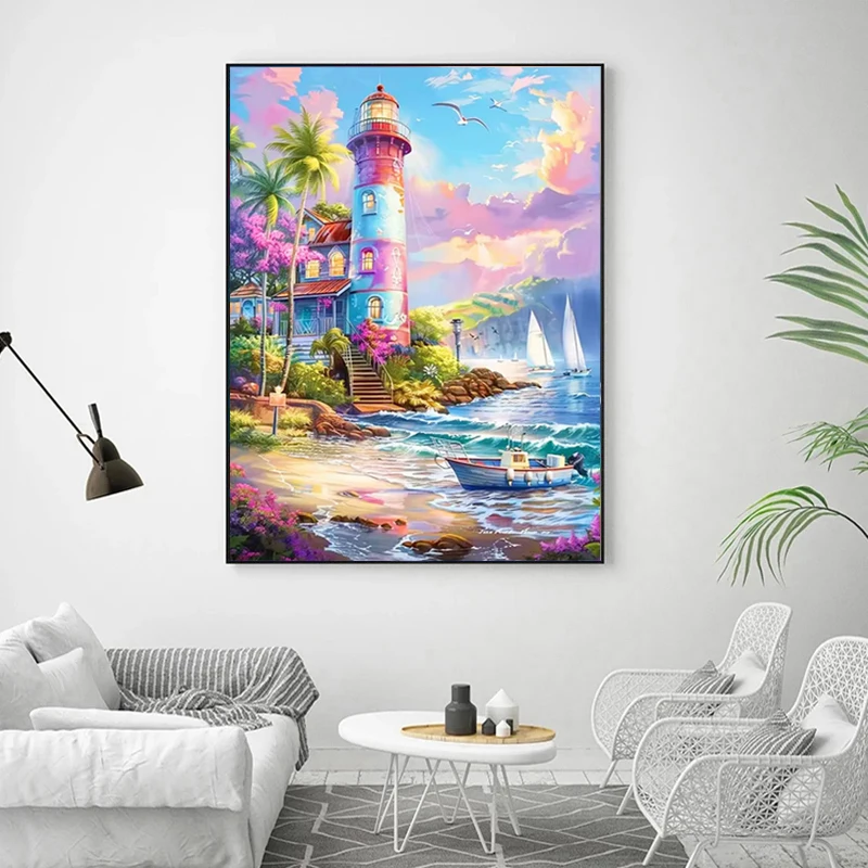 Full Fairy Dust Diamond Painting Landscape Lighthouse Diy Crystal Mosaic Cross Stitch Sea Island Rhinestones Picture Home Decor