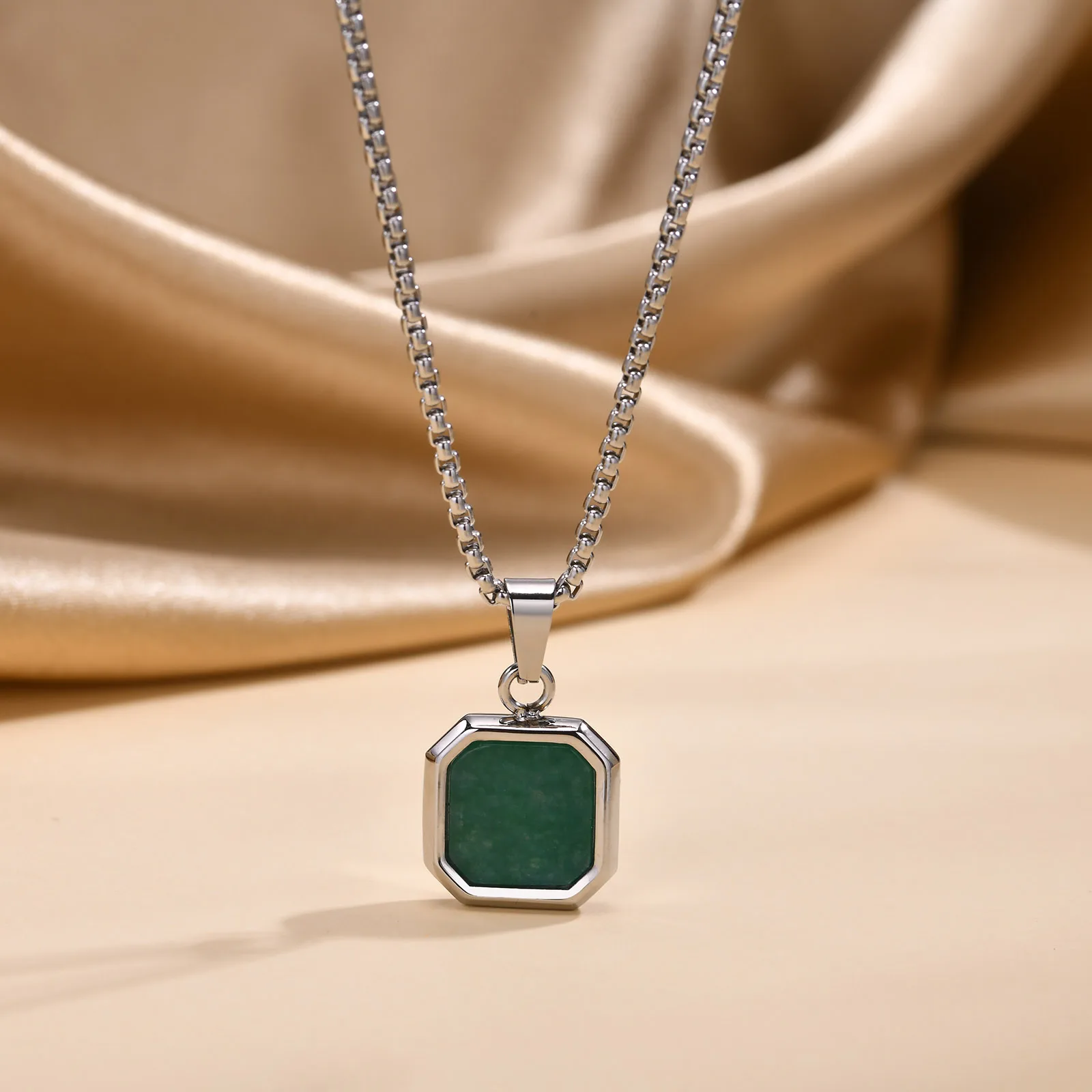 Vnox Square Natural Stone Necklace for Men Women, Stainless Steel Geometric Pendant Collar with Box Chain Gifts Jewelry