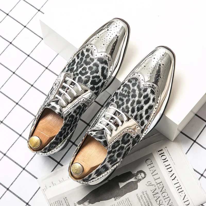 silver gold shoes brogue shoes man pointed toe casual business shoes luxury suit groom shoes formal official