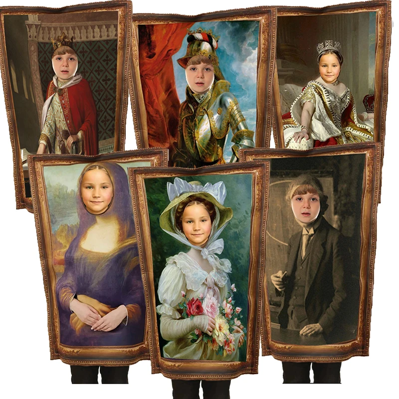 Adult Elegant Lady with a Bouquet of Roses Dress Up Cosplay Famous Scientist Family Portrait Painting Kids Halloween Costume