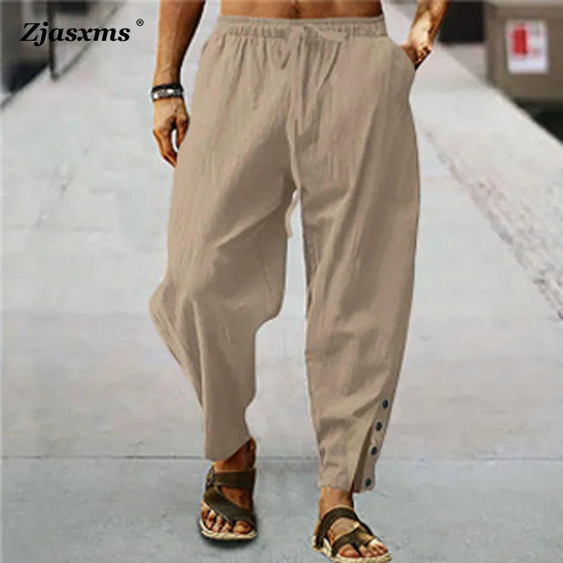 

Fashion Solid Color Drawstring Sweatpants 2023 Summer Men Pockets Long Pants Men's Loose Casual Feet Buckle Button Slit Trousers