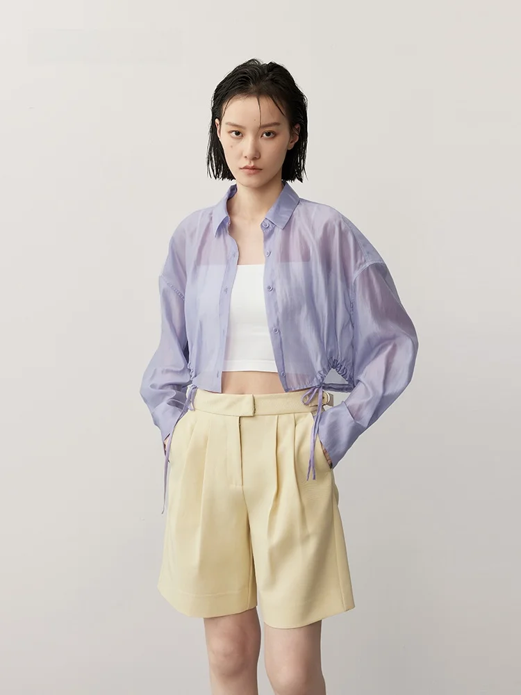 

XMOOM Новая летняя женская рубашка с длинным рукавом, тонкая, полупрозрачная, с завязками по низу, повседневная, приталенная, однотонная