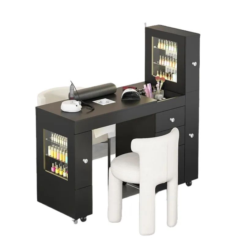 Nail table with LED light display cabinet Lockable wheel vacuum cleaner drawer