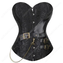 Corset for Women Vintage Overbust Gothic Corset Black Jacquard Bustier Top Steampunk Faux Leather Corset with Chain Brown
