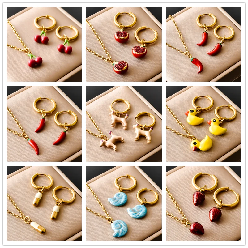 Funny 18k Real Gold Plated Chili Pepper Dog Stereoscopic Enamel Jewelry Set Necklaces/Earrings For Women Girl Accessories Gifts