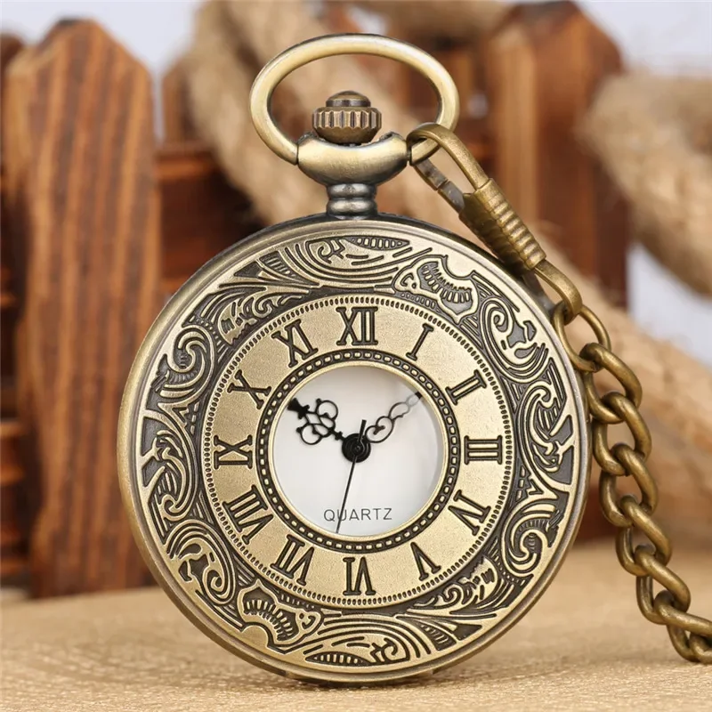 

Old Fashion Pocket Watch Carving Roman Number Cover Quartz Watches for Men Women Half Hunter Click Chain Collectable Timepiece