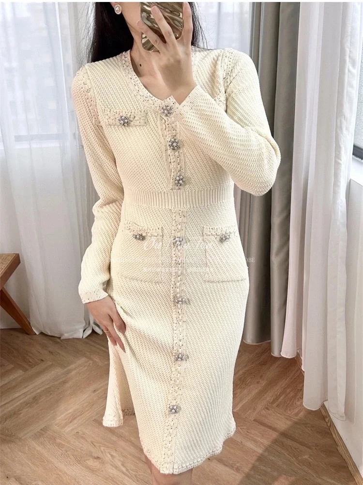 2024 Spring and Autumn New Fashion Sequined Round Neck Long Sleeve Pink Knitted Dress V-neck Slimming Women\'s Midi Dress