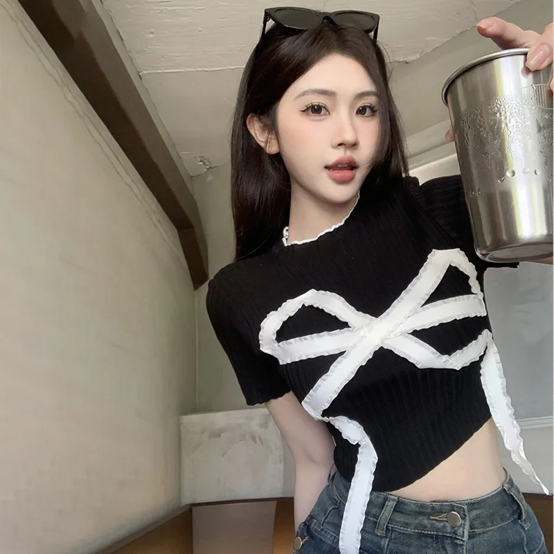 Sweet Knitted T-Shirts Summer Women Chic Bow Short Sleeve Tops Female Korean Fashion Casual Tees