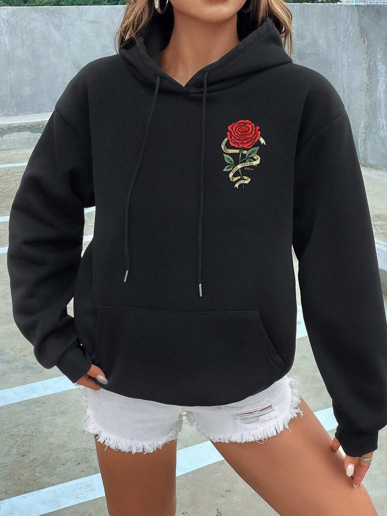 Red Roses Wrapped In Ribbons Printing Female Hooded Autumn Warm Hoodies Street Soft Hoodie Street Comfortable Women\'S Pullover